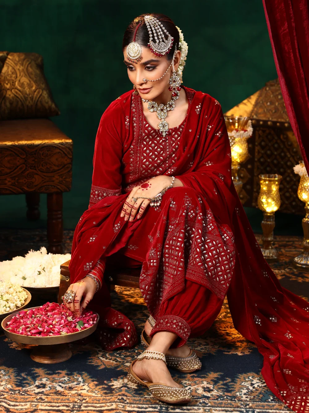 Velvet Red Colour Embroidered Suit