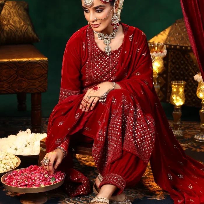 Velvet Red Colour Embroidered Suit