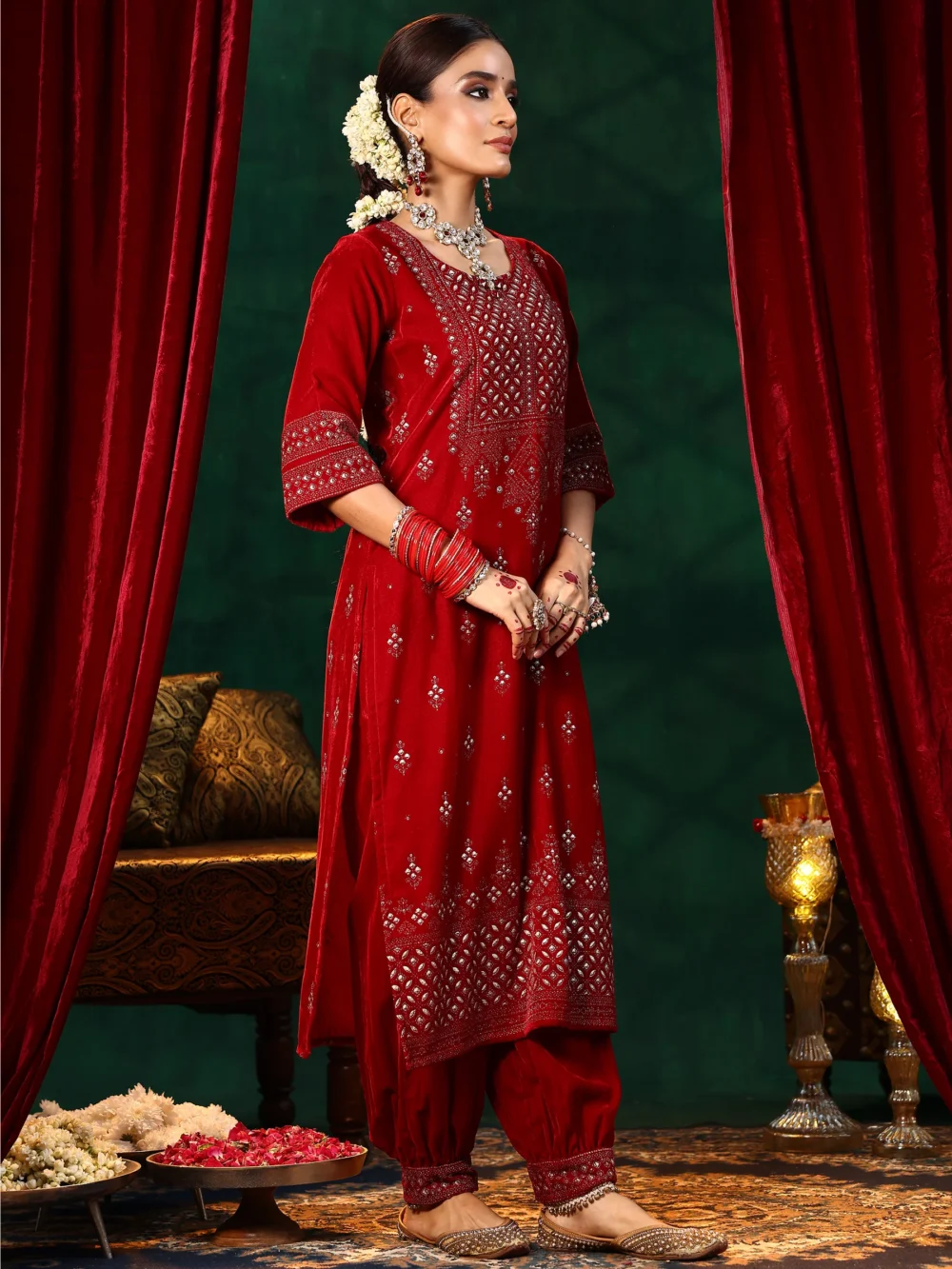 Velvet Red Colour Embroidered Suit - Image 3