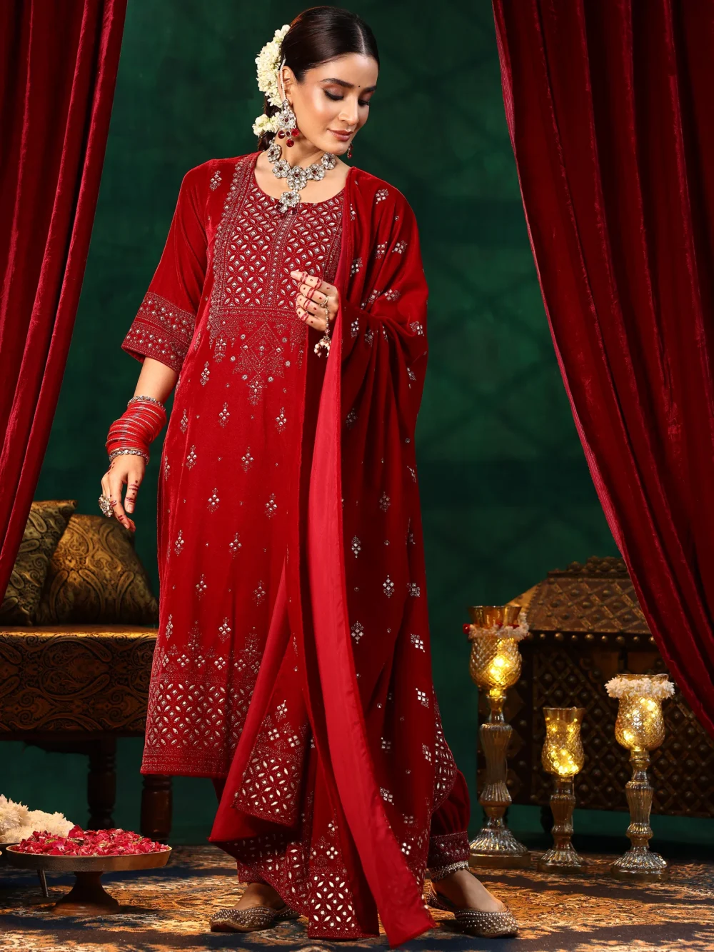 Velvet Red Colour Embroidered Suit - Image 4